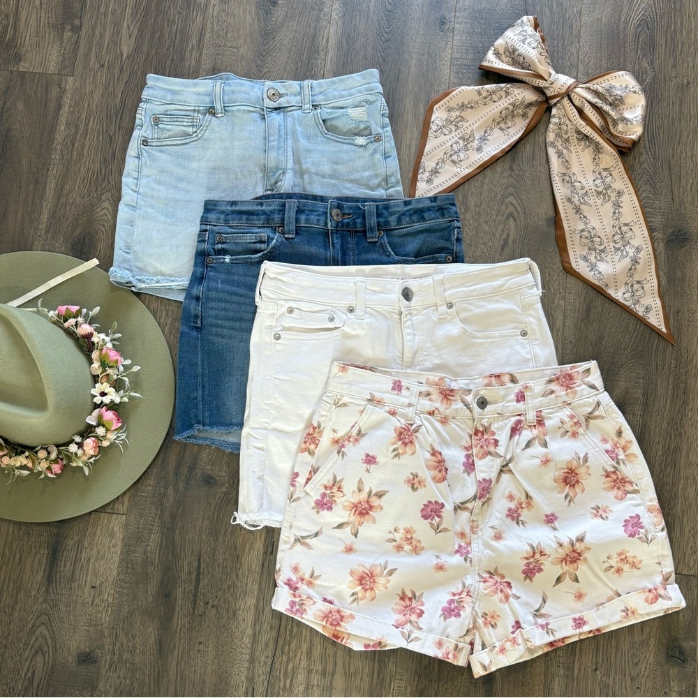 American Eagle Shorts Bundle High Rise/Midi Light Dark Floral Blue Jean EUC Sz 6